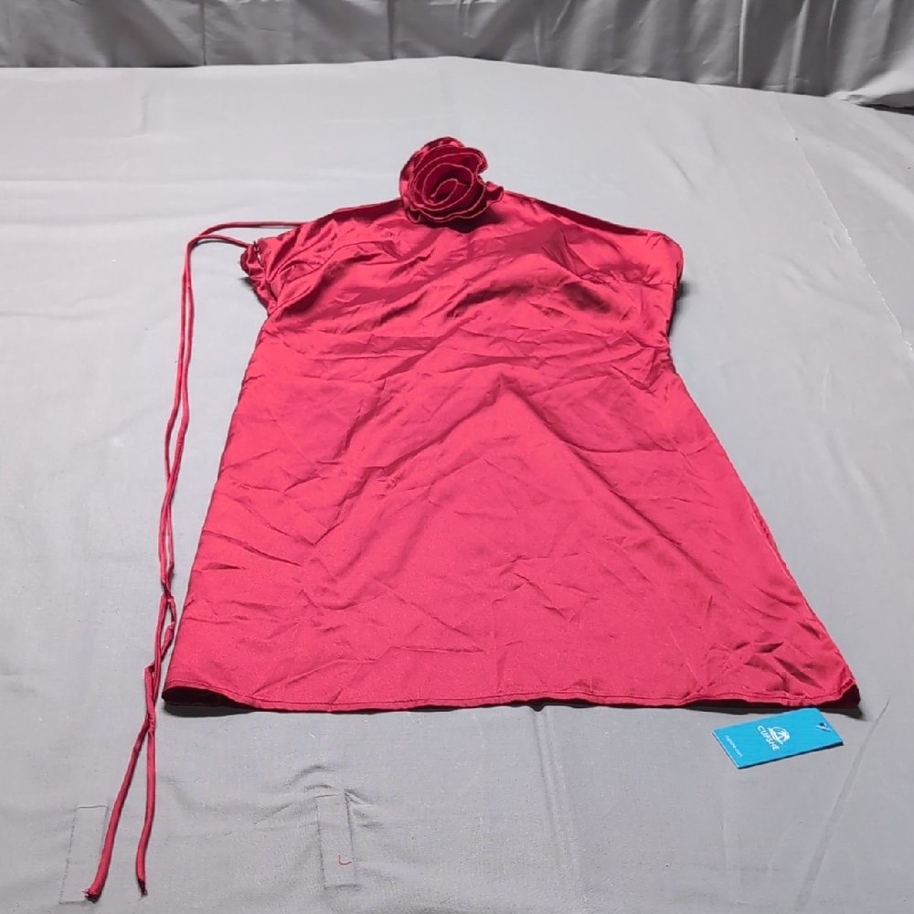 Cupshe Red Satin Halter Mini Dress with‎ 3D Rosette Detail NWT